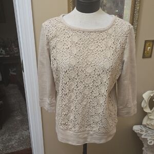Loft Beige Lace Overlay Top 3/4  Sleeve Round Neck Exposed Zipper In Back L EUC